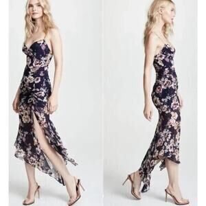 Nicholas Garden Rose Floral Drawstring Leg Slit Silk Maxi Dress Sz 4